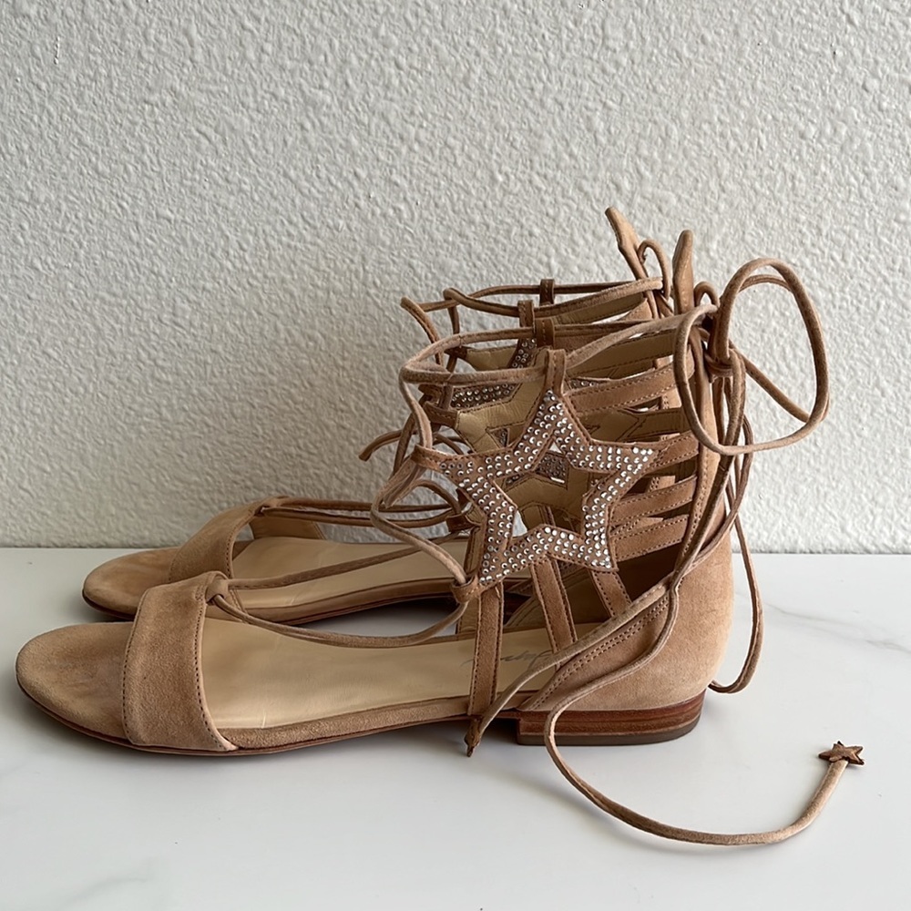 Isa Tapia Beige Suede Lace-Up Sandals with Sparkly Star Cutouts